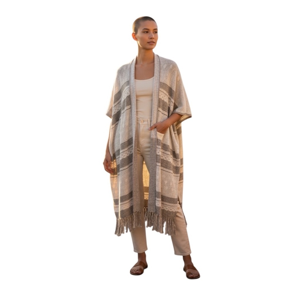 D & Co Knit Cardigan Stripes Sweater Boho Fringe Cotton Green White XL/1X